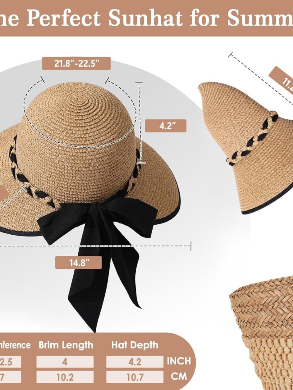 Women's Beach Sun Straw HatsUPF 50+ UV Sun Protection Wide Brim Deep Khaki - Picture 4 of 6